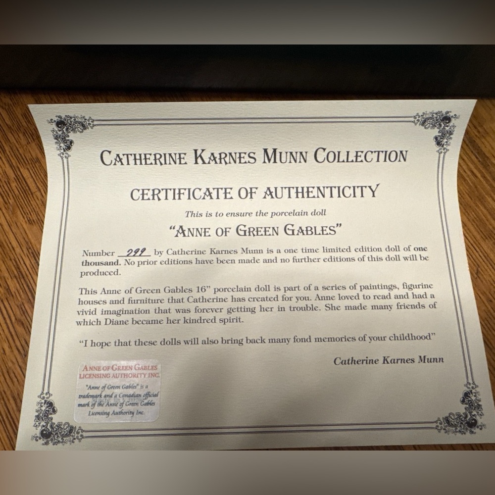 Catherine Karnes Munn Anne of Green Gables Doll 16” LE #299/1000 NIB - Picture 4 of 8